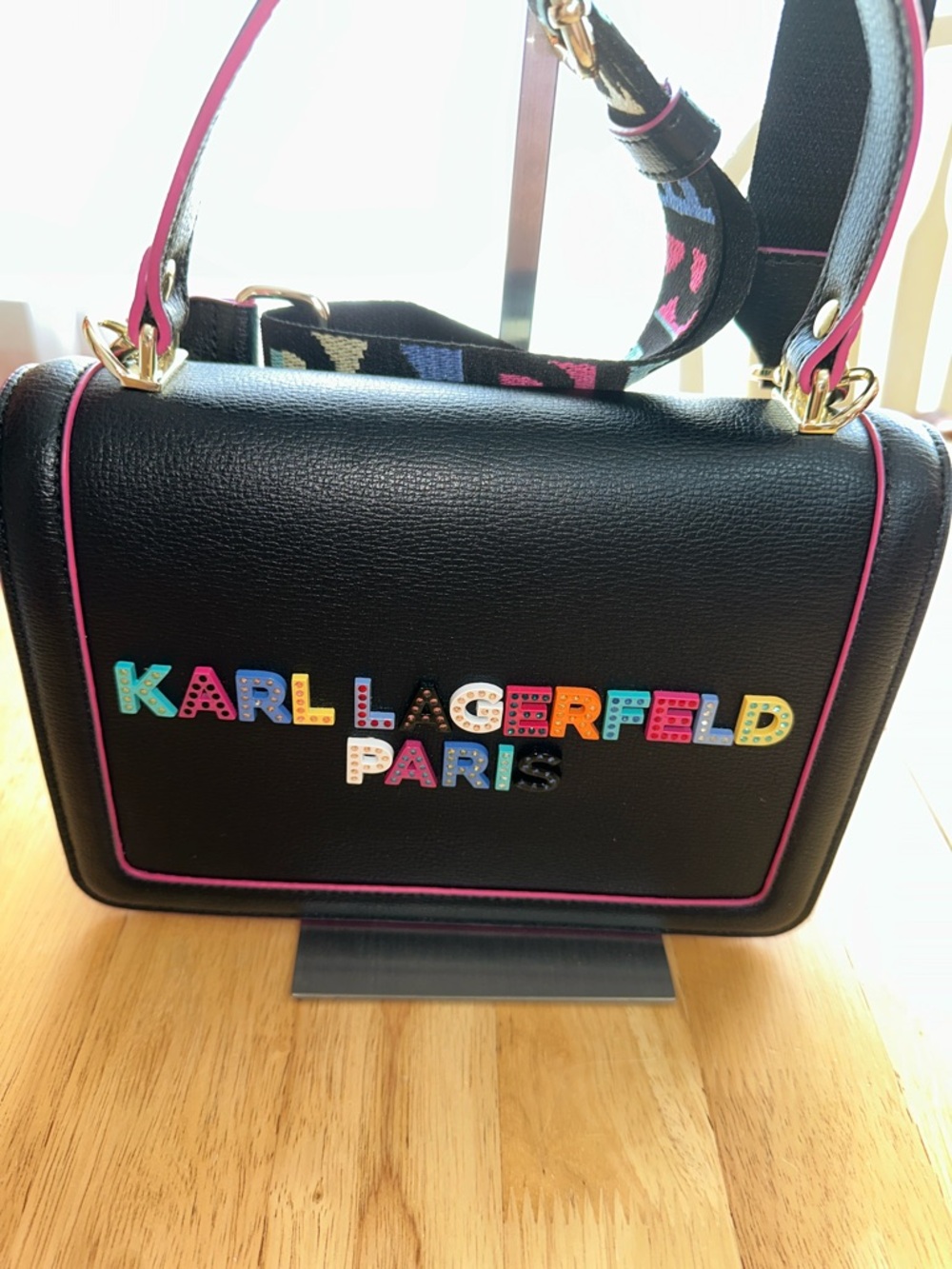 Karl Lagerfeld Black Crossbody with Multicolor Logo and Pink Trim